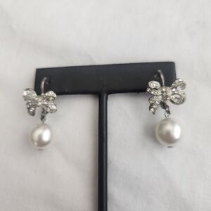 Vintage Faux Pearl Rhinestone Bow Earrings Silver French Wires
